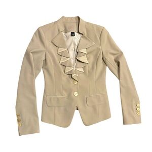 Wolf & Badger Women Tan Ruffle Lapel Mock Neck Long Sleeves Padded Blazer Jacket